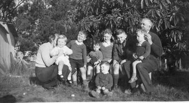 Photograph - Grandfather and Grandson 9th July 1935, with Aunty Reta. Brian Pump, , Don Croft, Doug Croft, Ken Beavis,nxt line Graeme Beavis,Grandfather Pump, Ward Cuthill