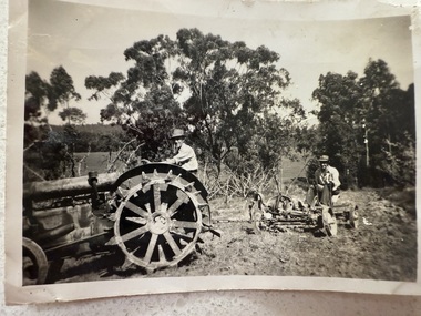 Photograph - Black and White, Charlie Smith on tractor and his neighbour, Wilbur Wright, on Petty Plough