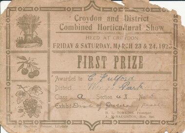 Card - Prize Certificate, Croydon and District Combined Horticultural Show Mach 23 & 24 1923 1st Prize for Dish of Preserving Peaches won by C Fulford