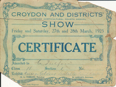 Card - Prize Certificate, Croydon and Districts' Combined Horticultural Fourth Annual Show Friday and Saturday, 27th and 28th March 1925 Certificate Awarded to C Fulford Exhibit Mare Gelding and Fruit Cart