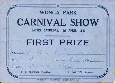 Card - Prize Certificate, Wonga Park Carnival Show Easter Saturday, 4th April, 1931 First Prize Awarded to Mrs C Fulford Exhibit Apple