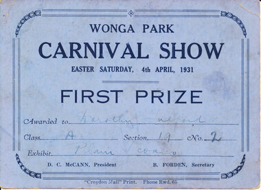 Card - Prize Certificate, Wonga Park Carnival Show Easter Saturday, 4th April, 1931 First Prize Awarded to Dorothy Fulford Exhibit Plain Scones