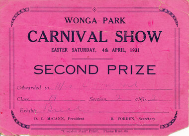 Card - Prize Certificate, Wonga Park Carnival Show Easter Saturday, 4th April, 1931 Second Prize Awarded to Mrs C Fulford Exhibit Bread