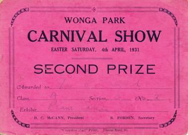 Card - Prize Certificate, Wonga Park Carnival Show Easter Saturday, 4th April, 1931 Second Prize Awarded to Mrs C Fulford Exhibit Plain Cake