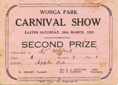 Card - Prize Certificate, Wonga Park Carnival Show Easter Saturday, 26th March, 1932 Second Prize Awarded to Mrs C Fulford Exhibit Apple Pie