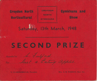 Card - Prize Certificate, Croydon North Gymkhana and Horticultural Show Saturday, 13th March, 1948, Second Prize Awarded to C Fulford for Best 4 Eating Apples Pres. V. Claringbould Sec. Mrs. A R Farran