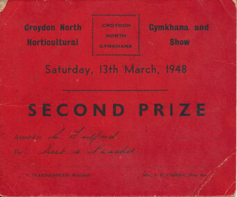 Card - Prize Certificate, Croydon North Gymkhana and Horticultural Show Saturday, 13th March, 1948, Second Prize Awarded to C Fulford for Best 4 Peaches Pres. V. Claringbould Sec. Mrs. A R Farran