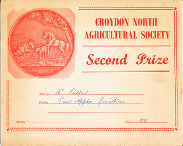 Card - Prize Certificate, Croydon North Agricultural Society, Second Prize Won by Mr Fulford Section (blank) Class 128 Four Apples Jonathan