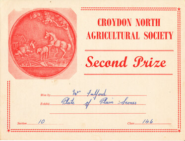 Card - Prize Certificate, Croydon North Agricultural Society, Second Prize Won by Mrs Fulford Exhibit Plate of Plain Scones Section 10 Class 146
