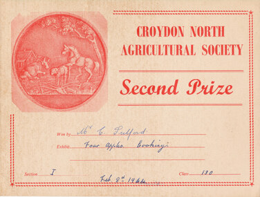 Card - Prize Certificate, Croydon North Agricultural Society, Feb 8th 1964, Second Prize Won by Mr C Fulford Exhibit Four Apples Cooking Section 1 Class 130