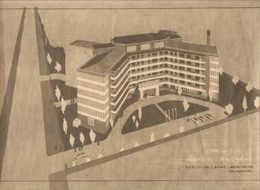 Concept drawing, Architectural rendering of projected Hospital St John of God Ballarat c.1949, c.1949