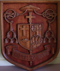 Wooden Armorial, Sculpted wooden armorial of Bishop Peter Connors, 1997