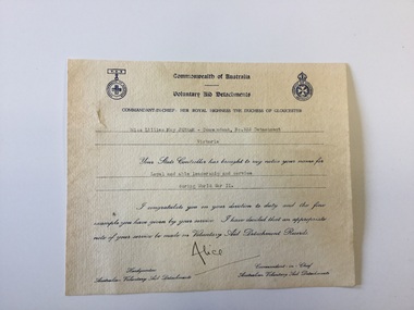Certificate, Voluntary Aid Detachments