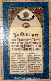 Honour Board, Kew Presbyterian Church WW1 Honour Board, post WW1 circa 1920