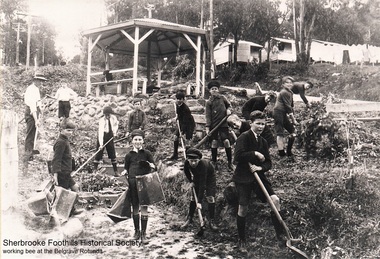 Photograph - Belgrave rotunda working bee, Boys gardening. Front boy Bill Hays