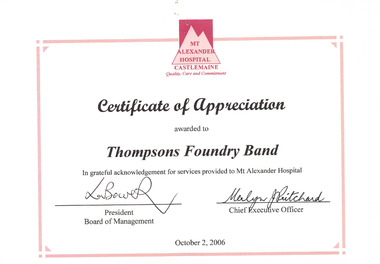Certificate, Mount Alexander Hospital Castlemaine, 2006-10-02