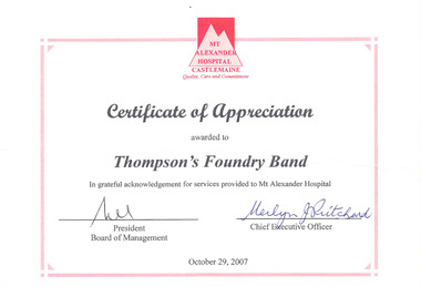 Certificate, Mount Alexander Hospital Castlemaine, 2007-10-29