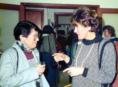 Photograph, Betty Cole and another talking at the Park Orchards Community House