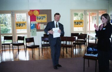 Photograph, Phil Honeywood, Liberal politician,  making presentation at Park Orchards Community Centre, Unknown year
