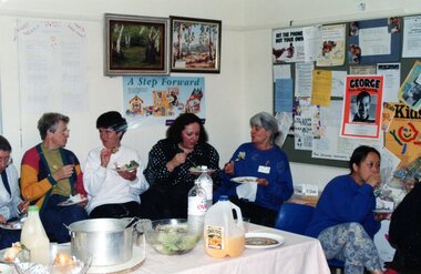 Photograph, Group of people enjoying food and conversation at Park Orchards Community Centre, Unknown year