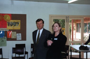 Photograph, Phil Honeywood with Anne talking at Park Orchards Community Centre, Unknown date