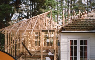 Photograph, Outside wall and roof construction of the new POCH extension, Circa 1993