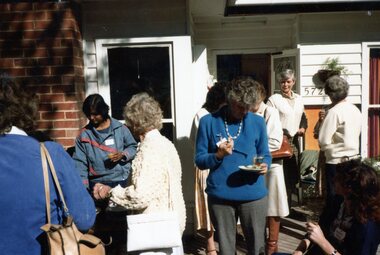 Photograph, Group of people enjoying company outside at Park Orchards Community Centre, Unknown date