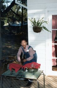 Photograph, Emmy Santo outside at Park Orchards Community Centre, Unknown date