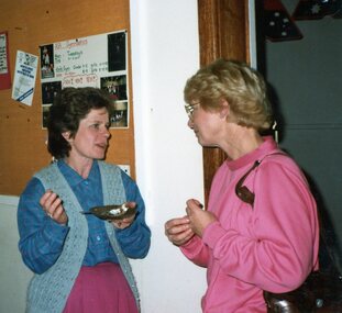 Photograph, Two ladies talking at Park Orchards Community Centre, Unknown date