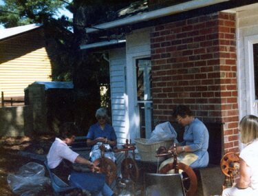 Photograph, Spinners at work outside at Park Orchards Community Centre, Unknown date