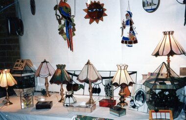 Photograph, Display of lead-lighting at Park Orchards Community Centre, Unknown date