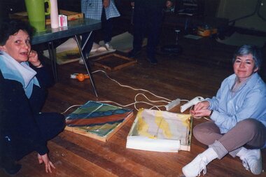 Photograph, Lady artists drying their artwork at Park Orchards Community Centre, Unknown date