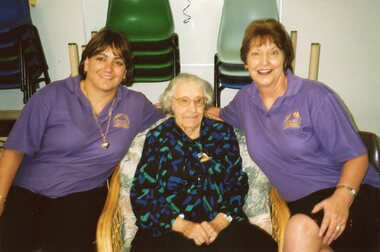 Photograph, Vima sitting with staff on her 100th birthday at Park Orchards Community House, Circa 2004