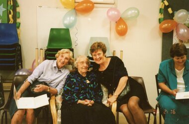 Photograph, Ladies and Vima at Vima's 100th birthday celebration at Park Orchards Community House, Circa 2004