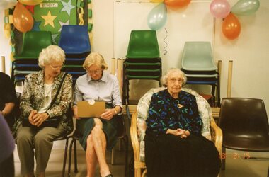 Photograph, Ladies and Vima at Vima's 100th birthday celebration at Park Orchards Community House, Circa 2004