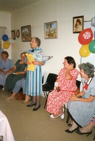 Photograph, Vima talking at Vima's 100th birthday celebration at Park Orchards Community House, Circa 2004