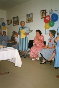 Photograph, Vima talking at Vima's 100th birthday celebration at Park Orchards Community House, Circa 2004