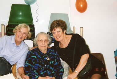 Photograph, Vima and two friends at her 100th birthday celebration at Park Orchards Community House, Circa 2004