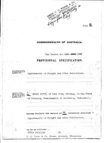 Photocopy, Specification for a patent by Frank Petty for improvements in ploughs and other cultivators, 1932
