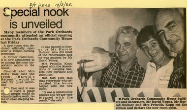 Newspaper, Official opening of the Park Orchards Community House in March 1985