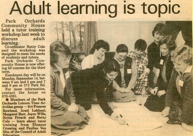 Newspaper, Tutor training at the Park Orchards Community House in 1984