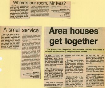 Newspaper, Request for child care room at the Park Orchards Community House circa 1985