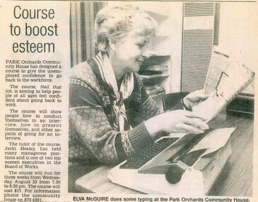 Photograph, Elva McGuire typing at the Park Orchards Community House. Jacki Healey giving a course on applying for a job. From Doncaster-Templestowe News
