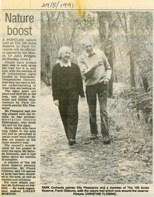 Photograph, Official opening of the nature trail at The 100 Acres Reserve, to be held on 2 June 1991 by Cr John Bridges. With Frank Gibbons showing Park Orchards painter Elly Pleasance the area. From Doncaster-Templestowe News 29 May 1991