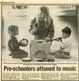 Photograph, Pre-school music classes at the Park Orchards Community House, with music teacher Linda McClintock. Doncaster-Templestowe News 12 June 1991