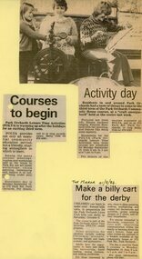 Photograph, POLTA (Park Orchards Leisure Time Activities), craft classes and billy cart making at the Park Orchards Community House, with Emma Jackson, Frances Rowland and Dianne Day. From newspapers circa August 1984
