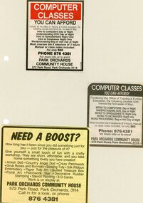 Photograph, Newspaper ads for computer classes and crafty workshops at the Park Orchards Community House