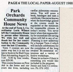 Photograph, Term 3 starts at Park Orchards Community House. The Local Paper August 1988