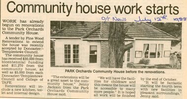 Photograph, Renovations at Park Orchards Community House. Doncaster - Templestowe News  12 july 1988