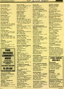 Photograph, List of courses and classes at Park Orchards Community House. Leader newspaper 13 July 1994